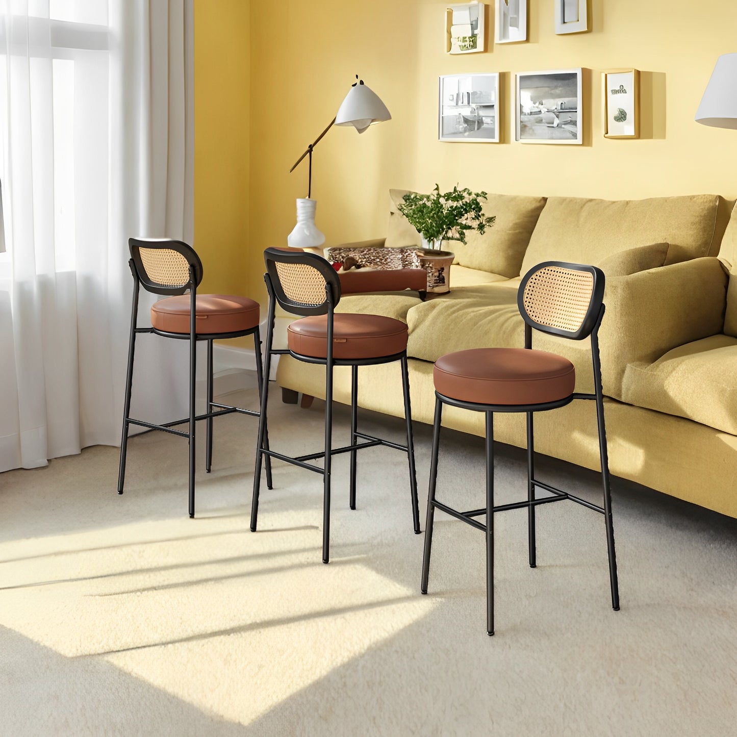 Modern Bar Stools Set of 2 with Rattan Back & Metal Base, 30.1 Inch Tall Leather Upholstered Counter Stools, Brown