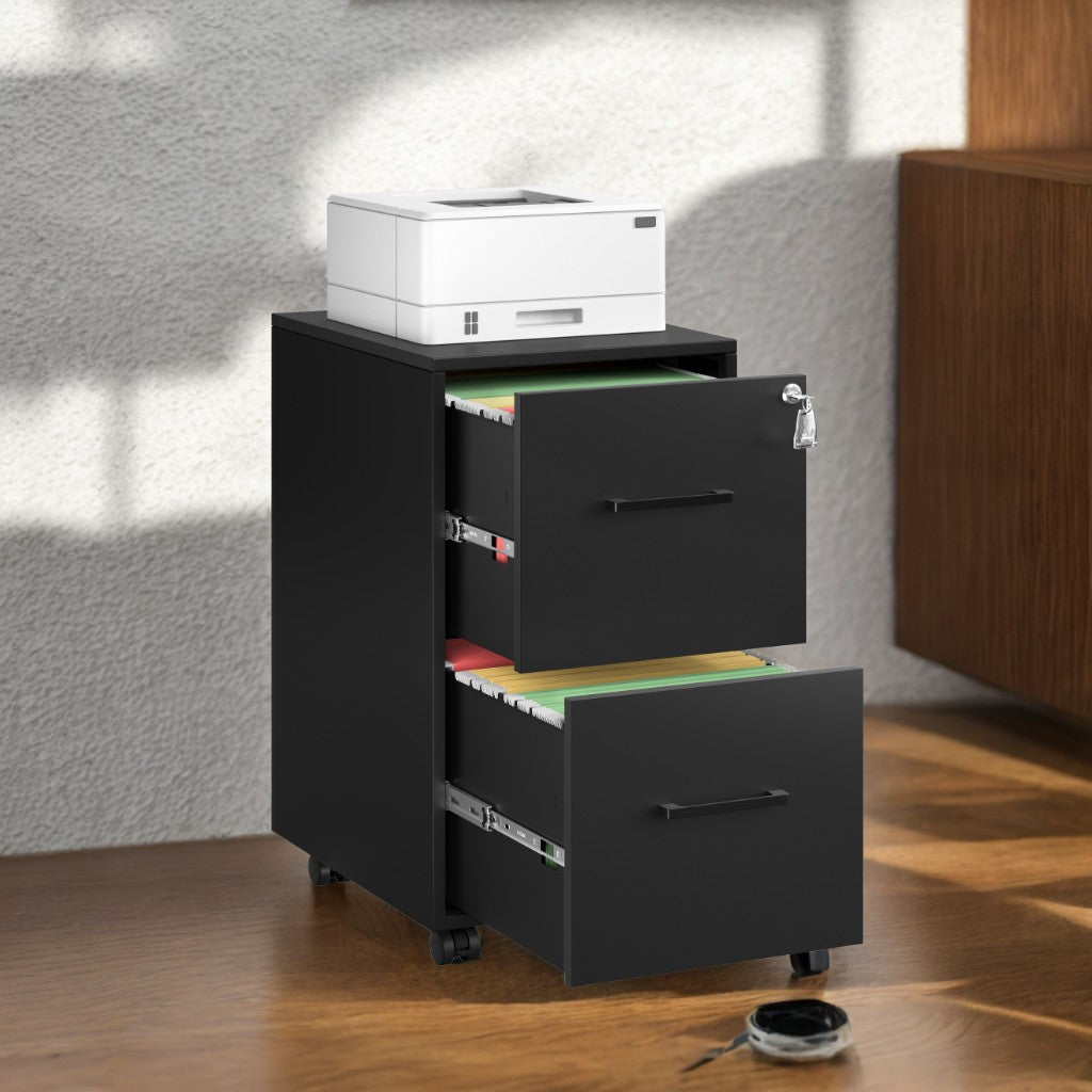 Pre-Assembled File Cabinet with Lock, 2-Drawer Mobile Storage for A4, Legal, Letter Files, Steel Frame, Smooth Slides, Matte Black