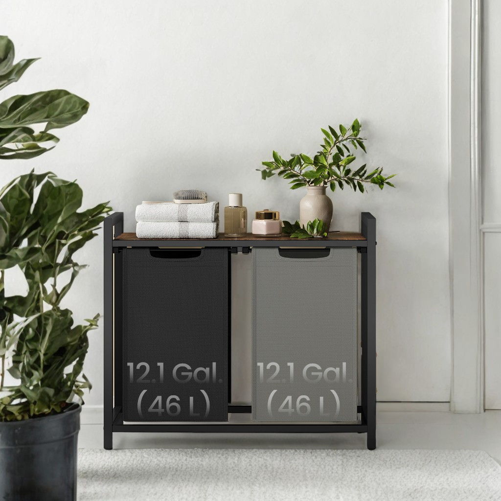 2-Compartment Laundry Hamper with Removable Bags & Storage Shelf, 92L Total Capacity, Steel Frame & Oxford Fabric, Rustic Brown and Charcoal Grey