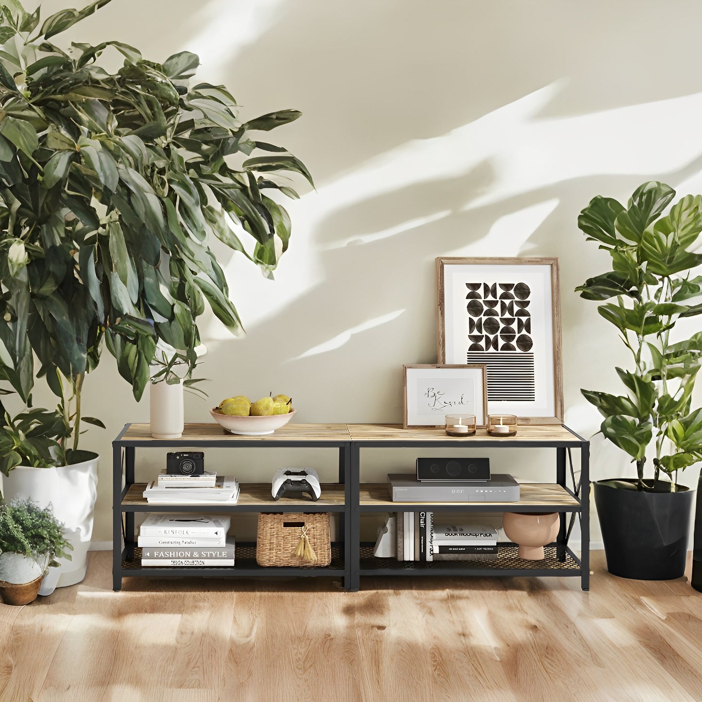 63" TV Stand for 70" TVs - Media Console with 3 Storage Shelves, Steel Frame, Easy Assembly, Turquoise Brown and Black