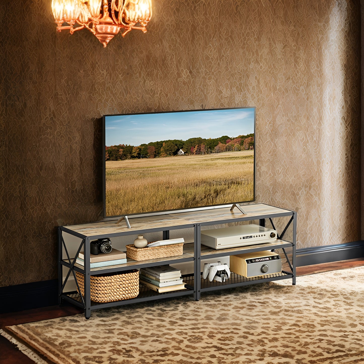 63" TV Stand for 70" TVs - Media Console with 3 Storage Shelves, Steel Frame, Easy Assembly, Turquoise Brown and Black