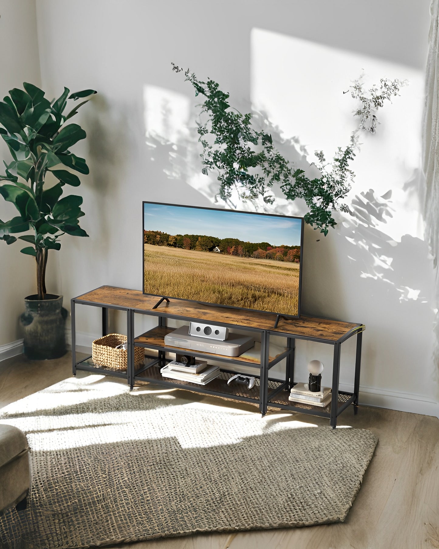 75" TV Stand - Industrial Entertainment Center with 3 Open Shelves, Media Console for Living Room, Rustic Brown and Black