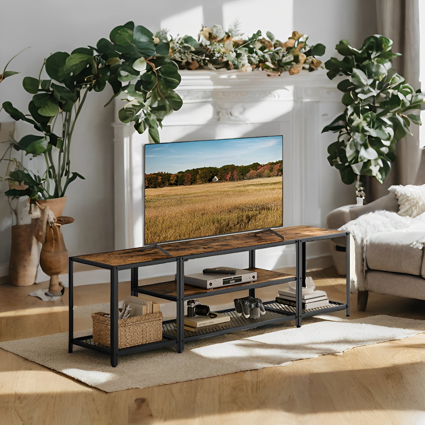 75" TV Stand - Industrial Entertainment Center with 3 Open Shelves, Media Console for Living Room, Rustic Brown and Black