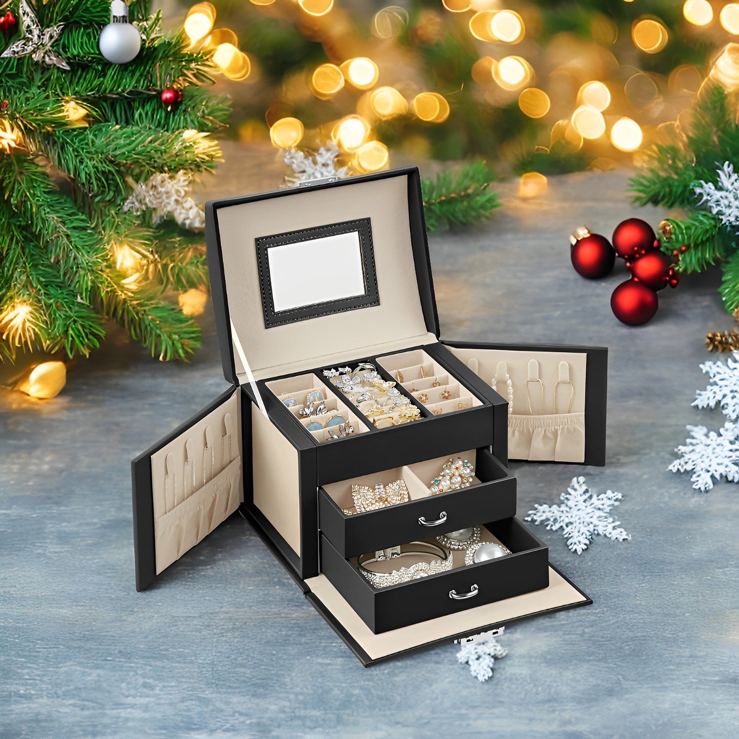 3-Tier Jewelry Organizer with Lock, Travel Jewelry Case with Mirror & 2 Drawers, Velvet-Lined Storage Box, Gift for Women, Black