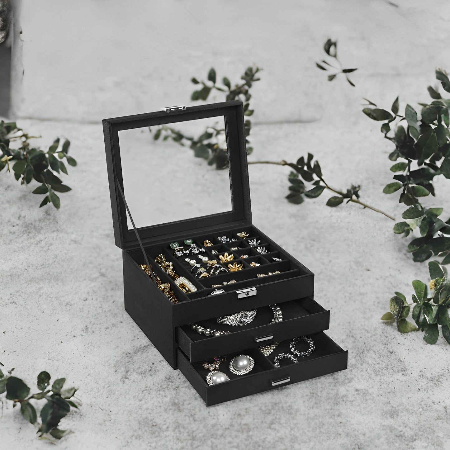 Lockable Jewelry Box with Glass Window, Jewelry Organizer Case for Rings, Earrings, Necklaces, 8 Slots & 2 Drawers, Velvet Lined, Black