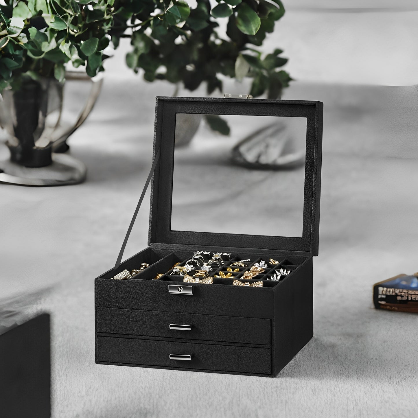 Lockable Jewelry Box with Glass Window, Jewelry Organizer Case for Rings, Earrings, Necklaces, 8 Slots & 2 Drawers, Velvet Lined, Black