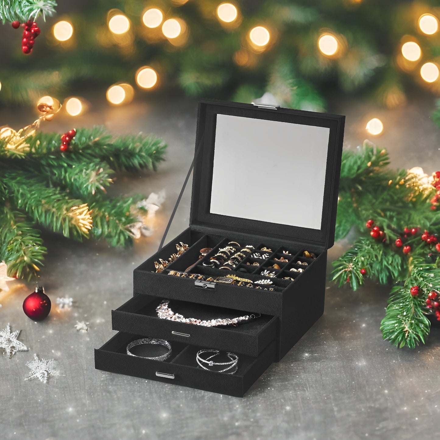 Lockable Jewelry Box with Glass Window, Jewelry Organizer Case for Rings, Earrings, Necklaces, 8 Slots & 2 Drawers, Velvet Lined, Black