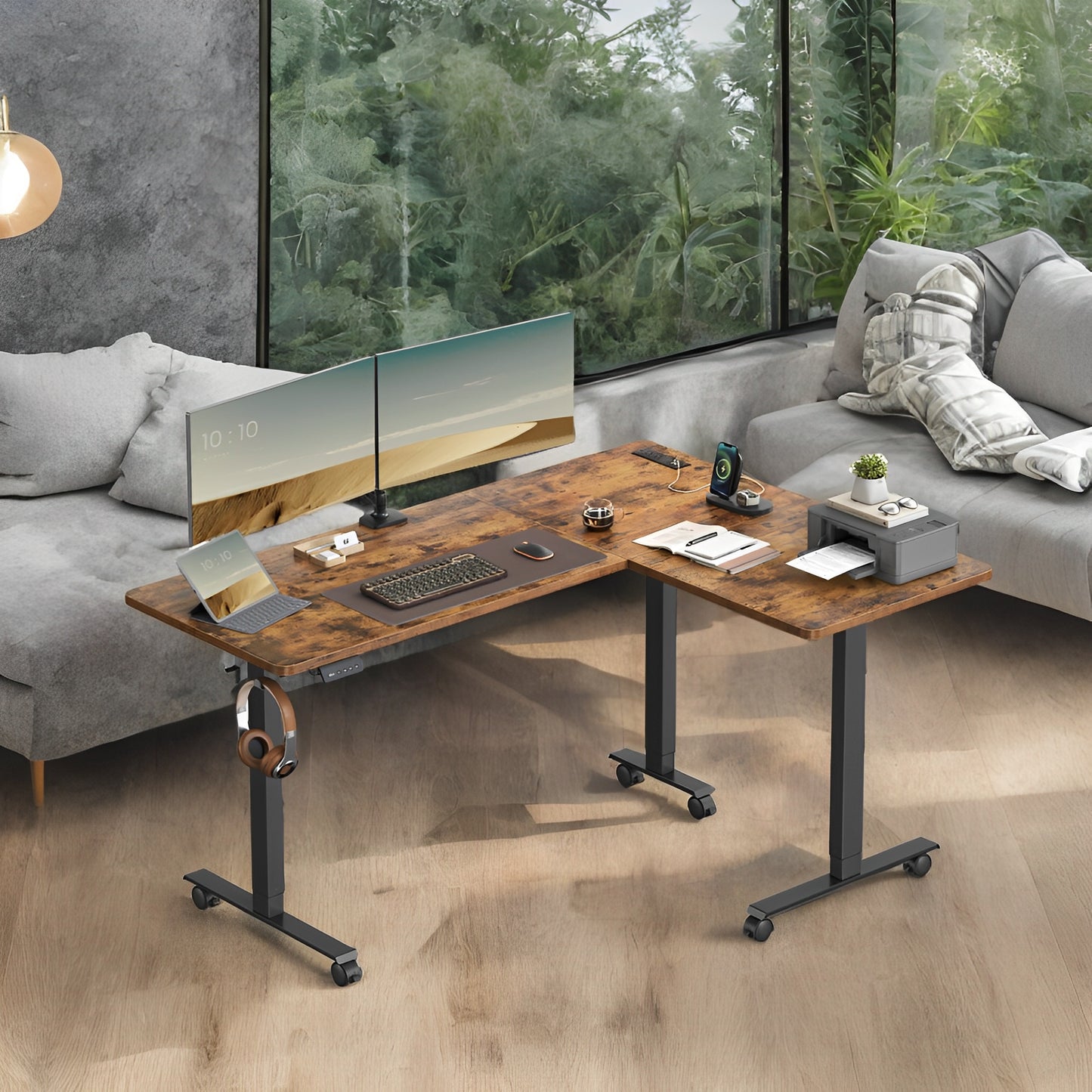L-Shaped Electric Standing Desk, 63" Corner Desk with Power Outlets & Memory Buttons, Adjustable Height 28.3"-47.2", Rustic Brown