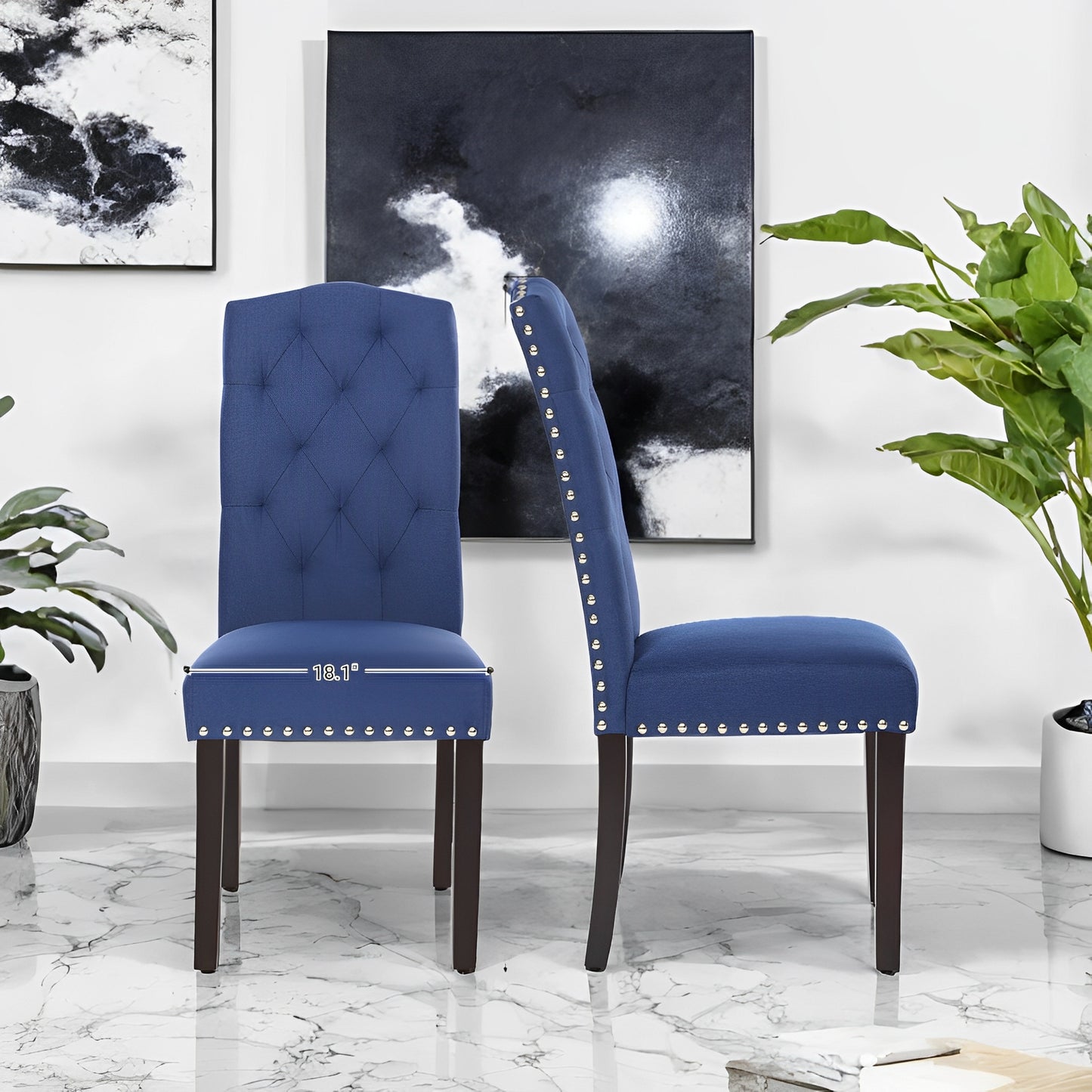 LEDREM 2-Pack High Back Dining Chairs - Tufted Upholstered, Solid Wood Legs, Adjustable Feet, 242lb Capacity, Cotton-Linen, Blue