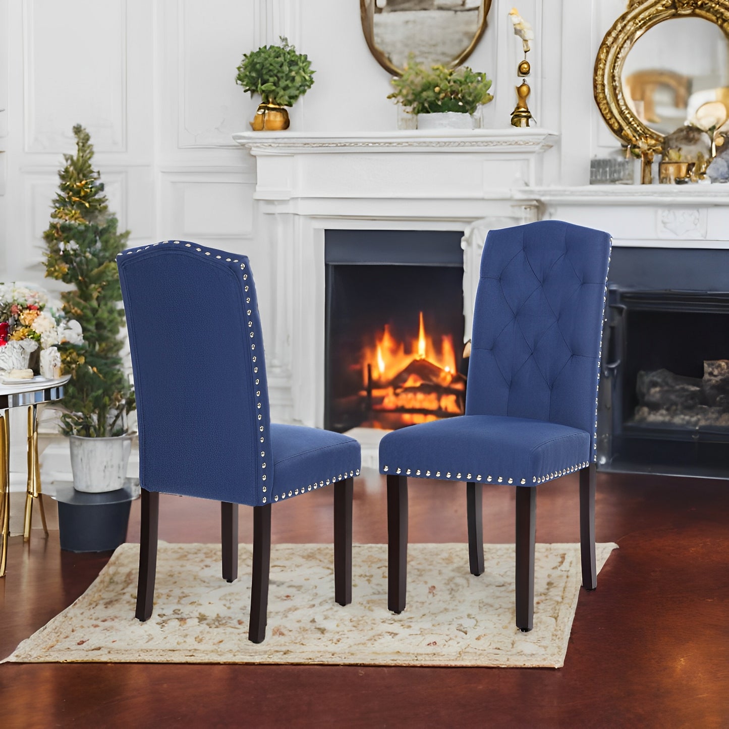 LEDREM 2-Pack High Back Dining Chairs - Tufted Upholstered, Solid Wood Legs, Adjustable Feet, 242lb Capacity, Cotton-Linen, Blue