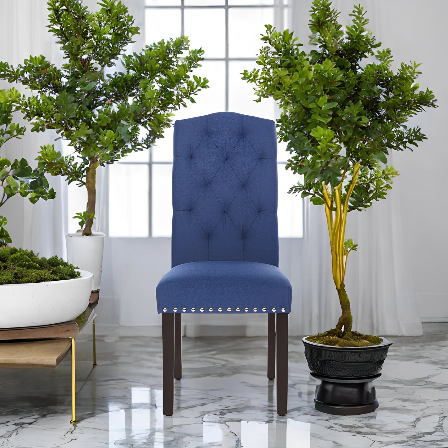 LEDREM 2-Pack High Back Dining Chairs - Tufted Upholstered, Solid Wood Legs, Adjustable Feet, 242lb Capacity, Cotton-Linen, Blue