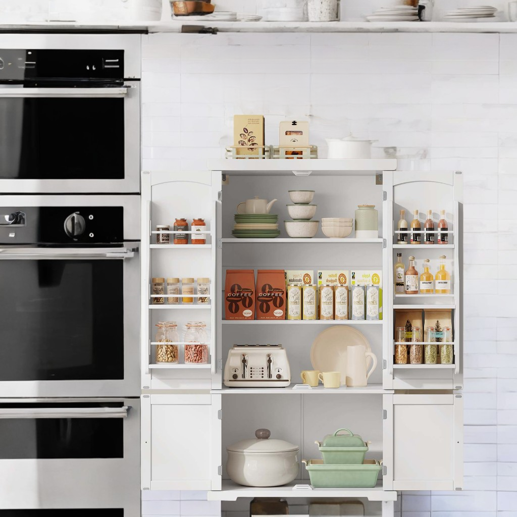 53.5" Farmhouse Pantry Cabinet - Freestanding Storage with 2 Adjustable Shelves & 6 Door Racks, Easy Assembly, White