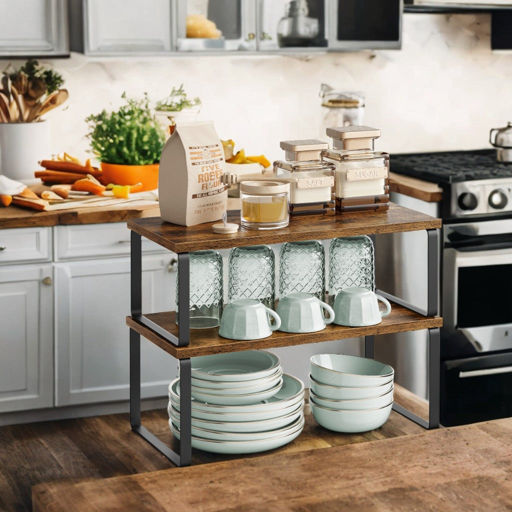 4-Pack Stackable Kitchen Shelves - 33lb Capacity, Adjustable Organizer Rack, Metal/Wood Construction, Ink Black and Rustic Brown