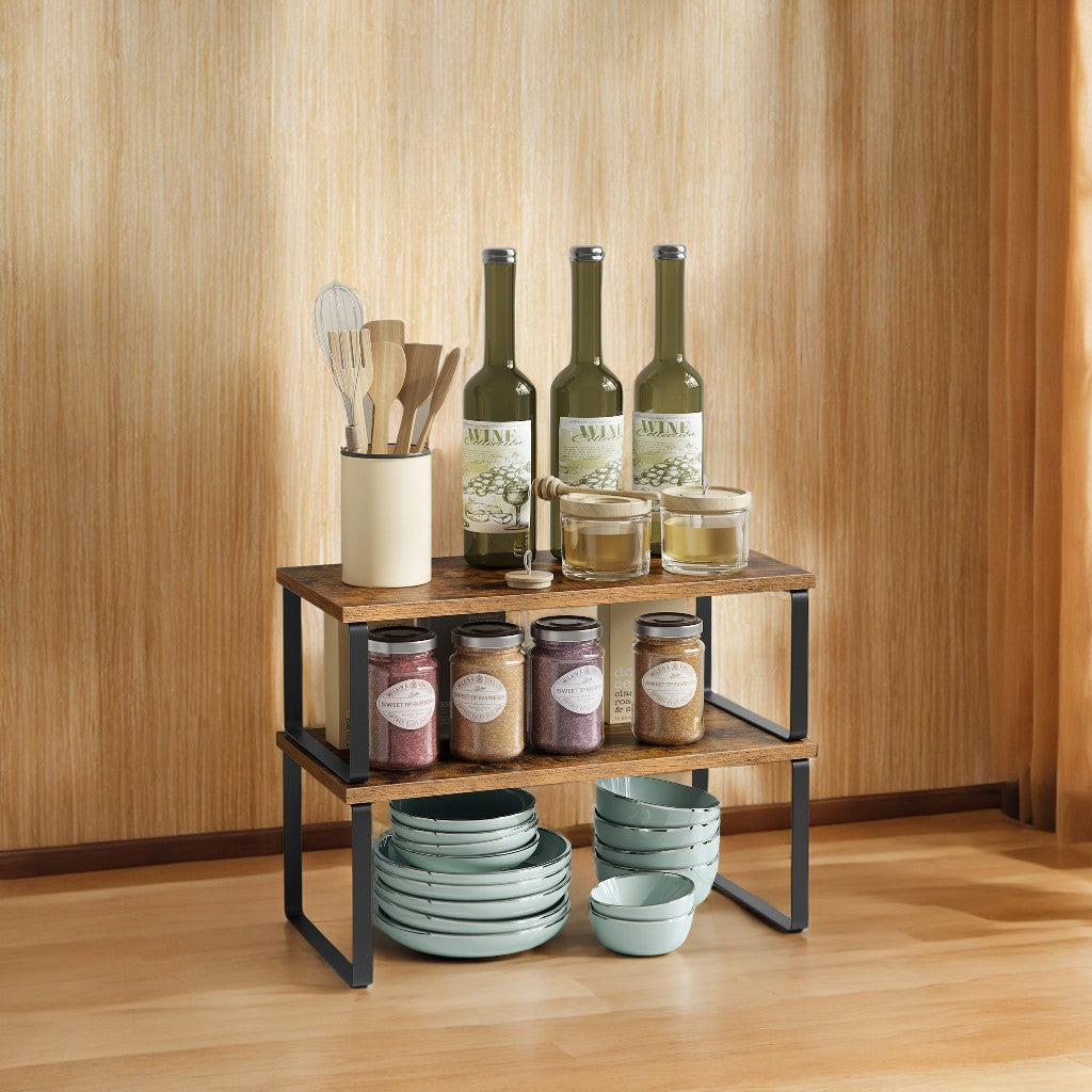 4-Pack Stackable Kitchen Shelves - 33lb Capacity, Adjustable Organizer Rack, Metal/Wood Construction, Ink Black and Rustic Brown