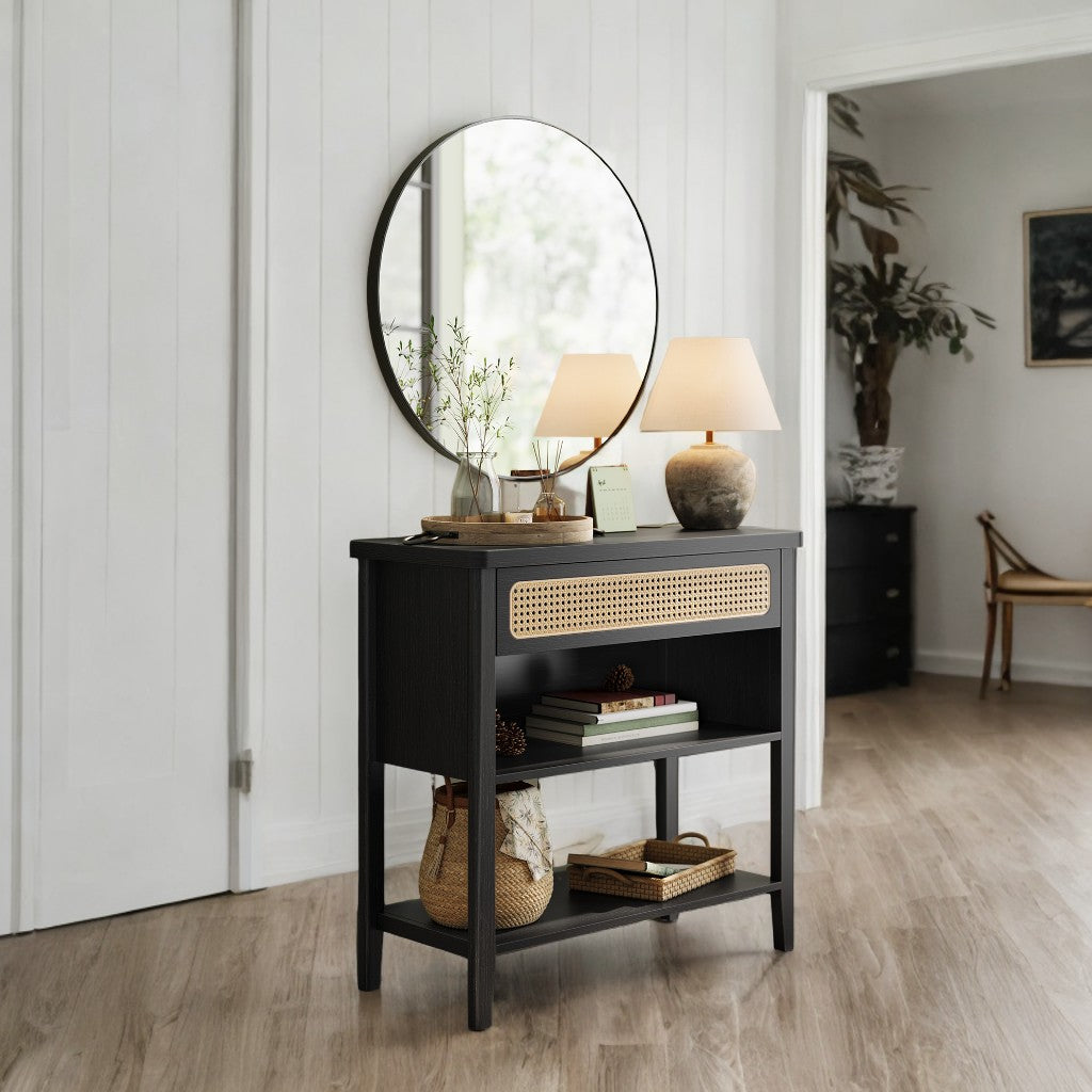 Boho Console Table with Power Outlets - Entryway Table with Drawer & Shelf, 2 AC + 2 USB Ports, Ash Black