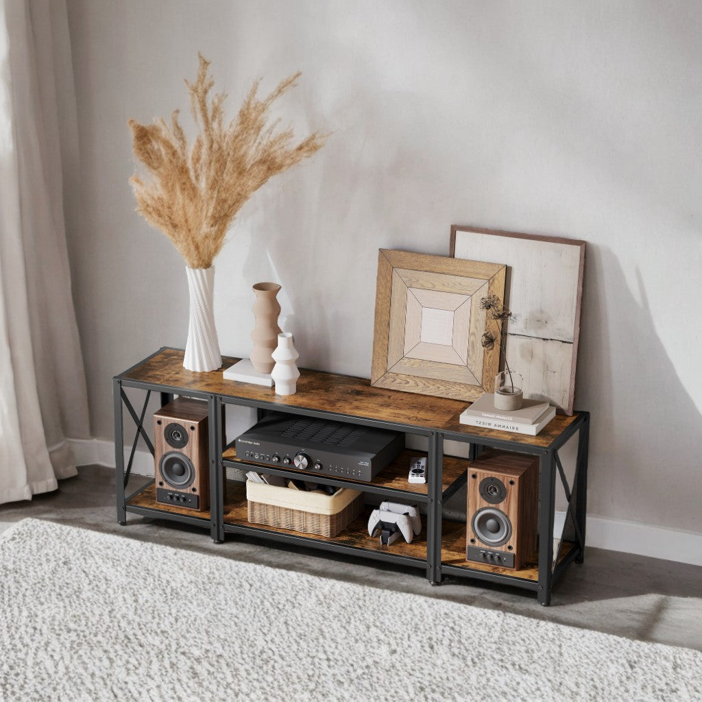 60" TV Stand with Power Outlets & LED Lights - Entertainment Center with Charging Station, 4 Shelves, Rustic Brown and Ink Black