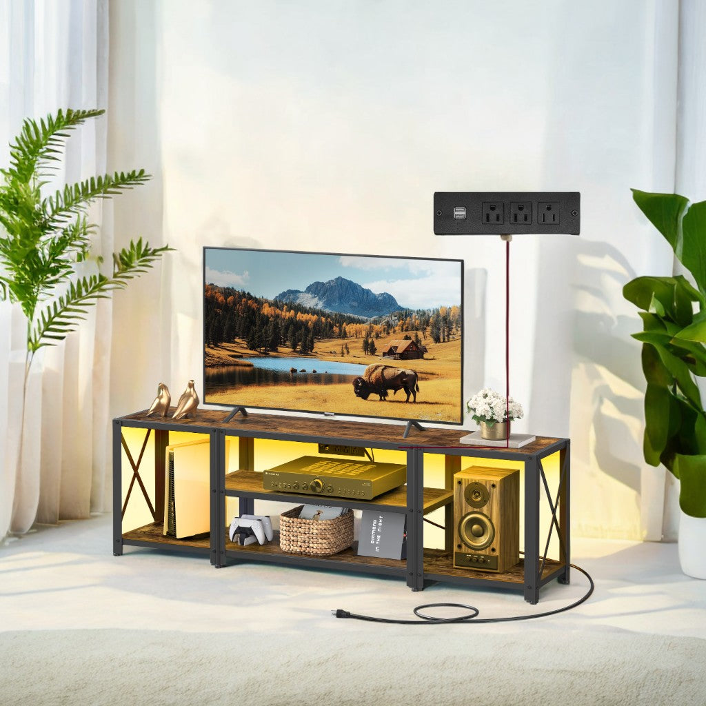 65" Industrial TV Stand - Adjustable Shelves, Open Storage, Steel Frame, Modern Console for Living Room, Bedroom, Black