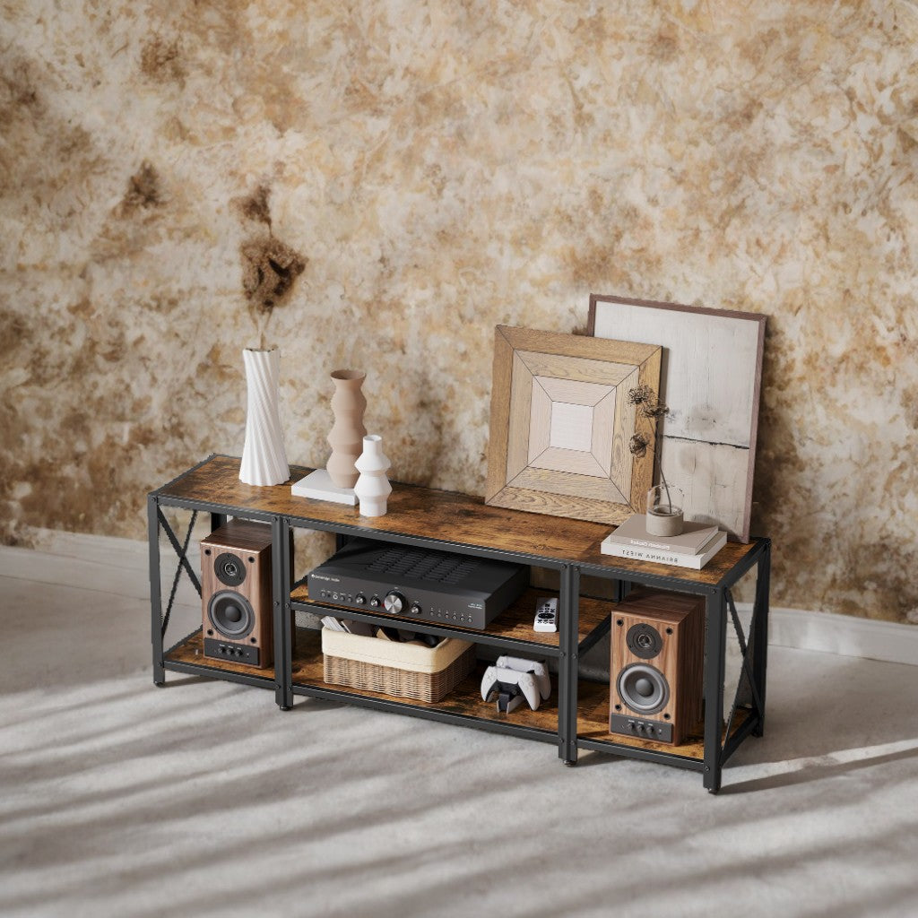 65" Industrial TV Stand - Adjustable Shelves, Open Storage, Steel Frame, Modern Console for Living Room, Bedroom, Black