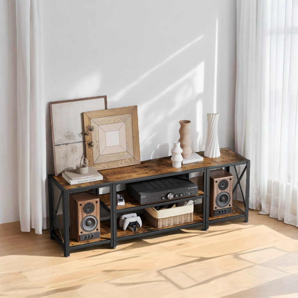 65" Industrial TV Stand - Adjustable Shelves, Open Storage, Steel Frame, Modern Console for Living Room, Bedroom, Black
