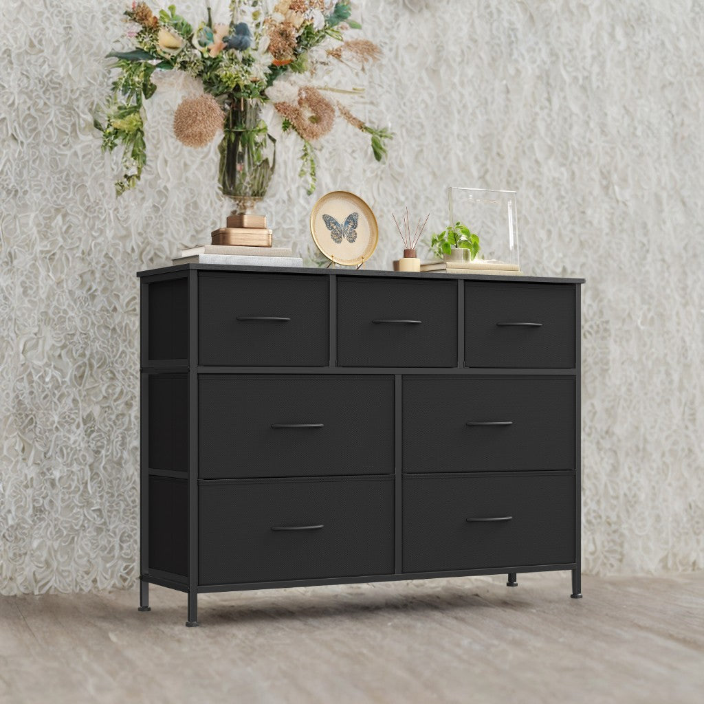 7-Drawer Fabric Dresser - Modern Storage Organizer for Bedroom, Closet & Entryway, Adjustable Feet, Anti-Tip Kit, Ink Black and Ebony Black
