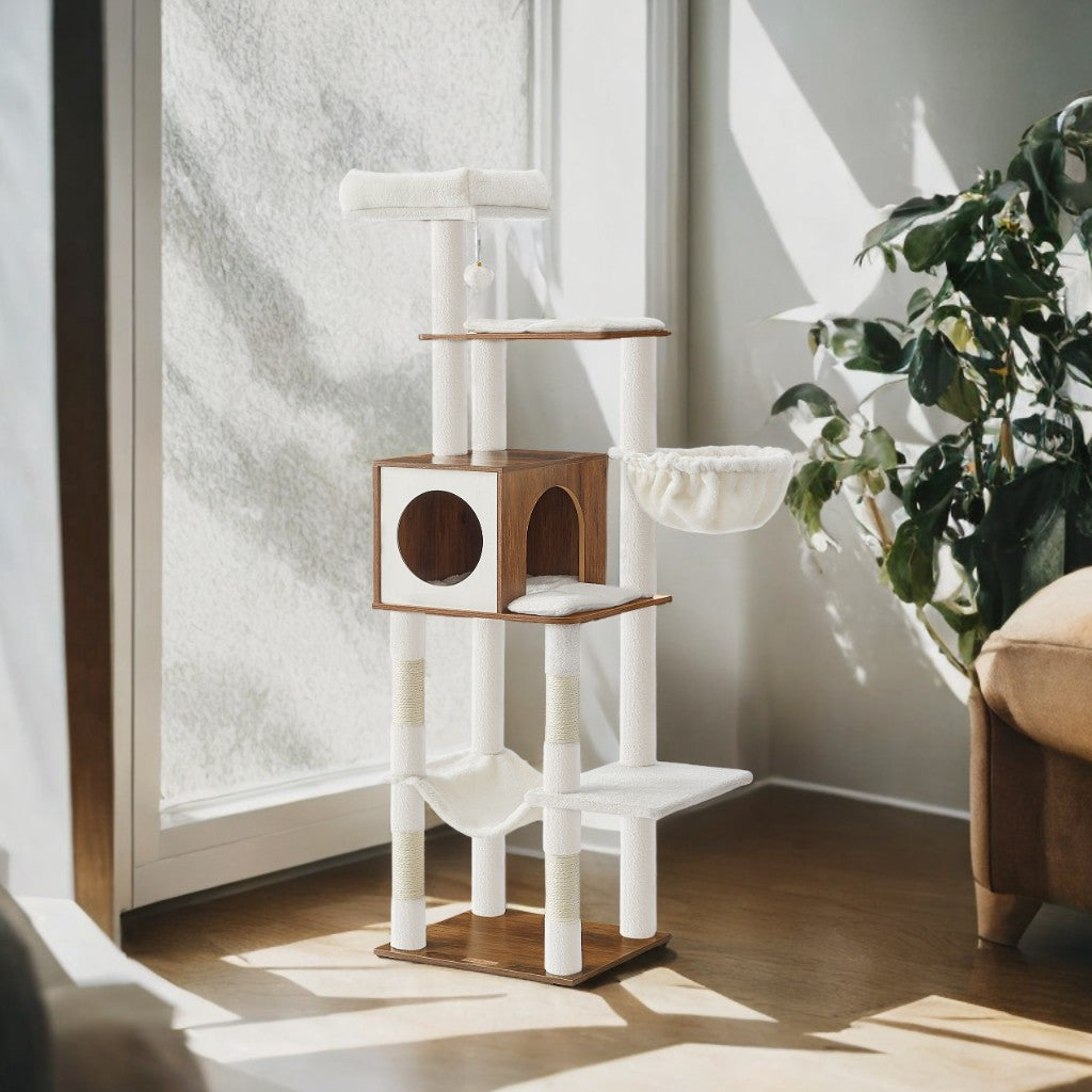 65" Cat Tree Tower - Multi-Level Cat Condo with Cave, Hammock & Scratching Posts, Washable Cushions, Honey Brown