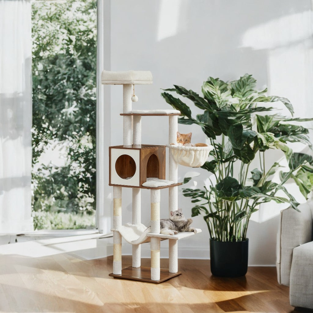 65" Cat Tree Tower - Multi-Level Cat Condo with Cave, Hammock & Scratching Posts, Washable Cushions, Honey Brown