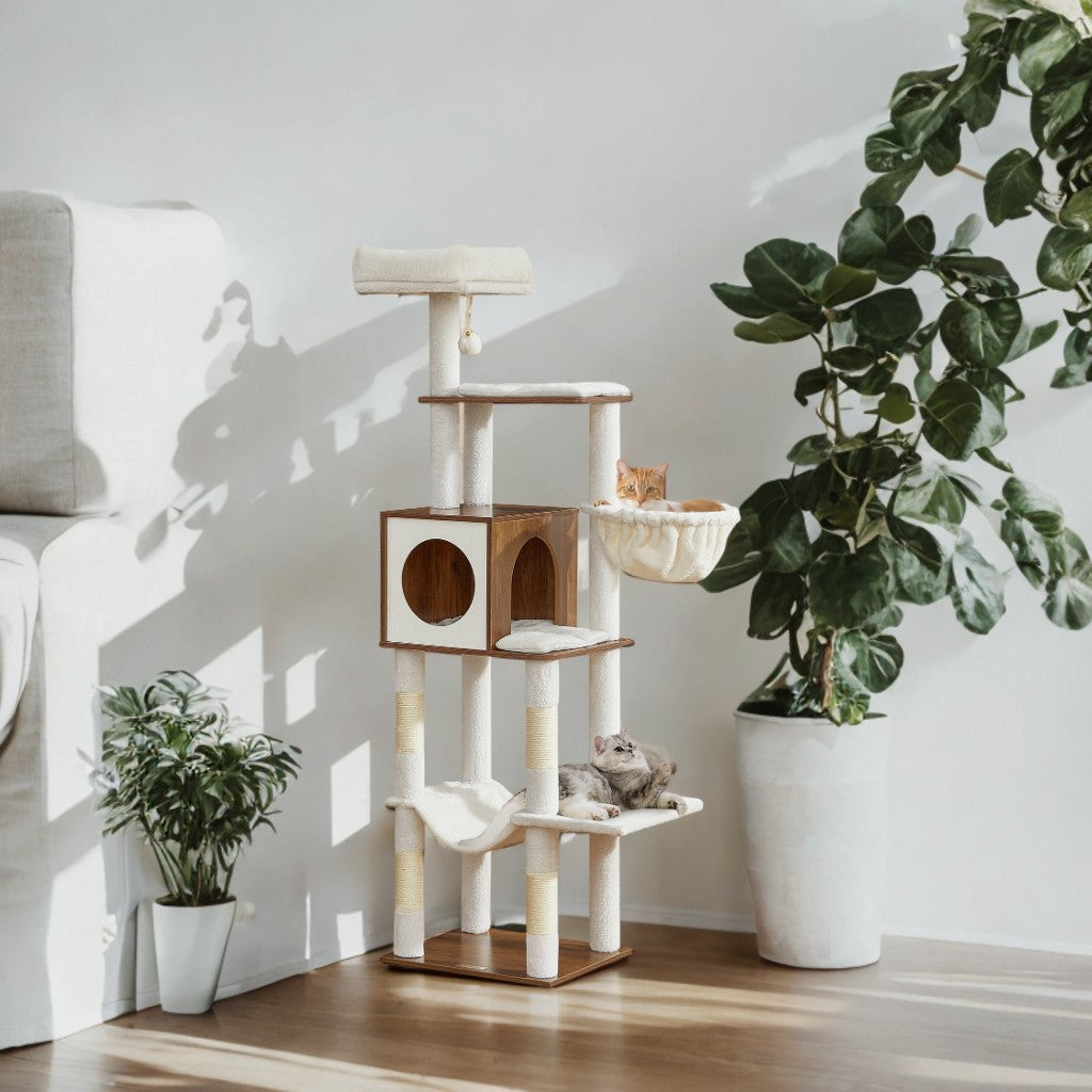 65" Cat Tree Tower - Multi-Level Cat Condo with Cave, Hammock & Scratching Posts, Washable Cushions, Honey Brown