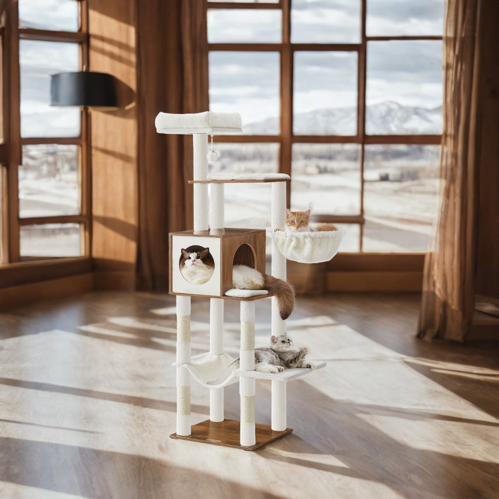 65" Cat Tree Tower - Multi-Level Cat Condo with Cave, Hammock & Scratching Posts, Washable Cushions, Honey Brown