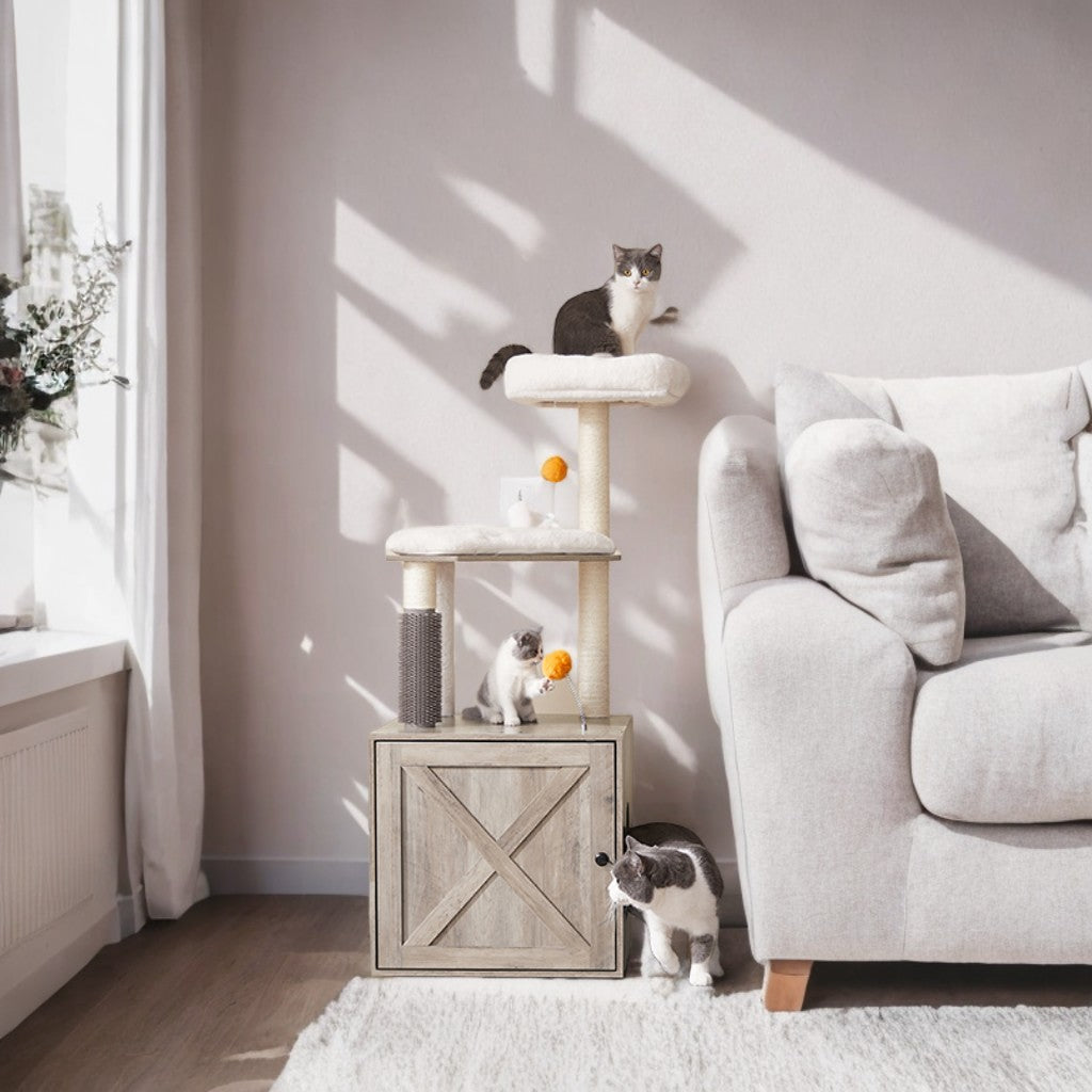 Modern Cat Tree with Litter Box Enclosure - 52.8" 2-in-1 Cat Tower with Self-Groomer, Scratching Posts & Washable Cushions, Greige