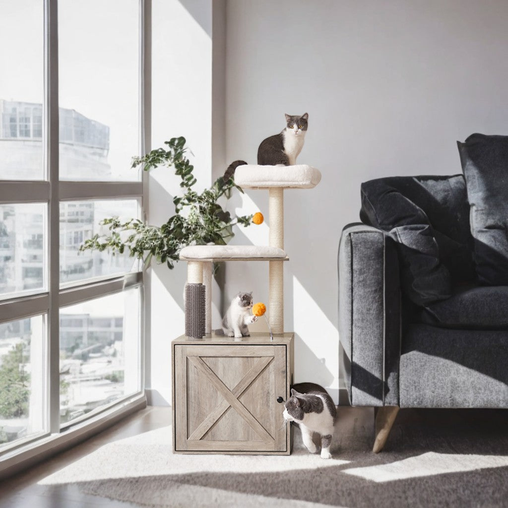 Modern Cat Tree with Litter Box Enclosure - 52.8" 2-in-1 Cat Tower with Self-Groomer, Scratching Posts & Washable Cushions, Greige