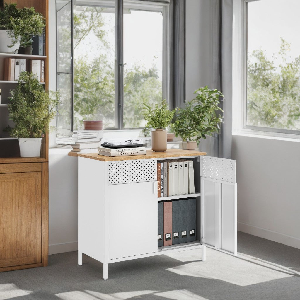 Industrial Storage Cabinet - 31.5" Sideboard with 2 Doors, Adjustable Shelf & Ventilation, Steel Frame, Natural Beige and White
