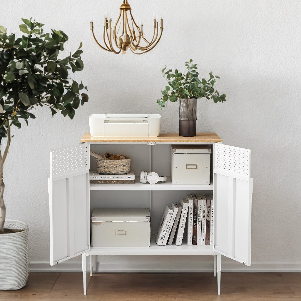 Industrial Storage Cabinet - 31.5" Sideboard with 2 Doors, Adjustable Shelf & Ventilation, Steel Frame, Natural Beige and White