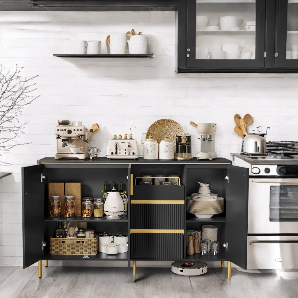 Modern Buffet Cabinet with Fluted Drawers - 2 Drawers, Adjustable Shelves & Tray, Storage Sideboard with Cable Management, Ink Black