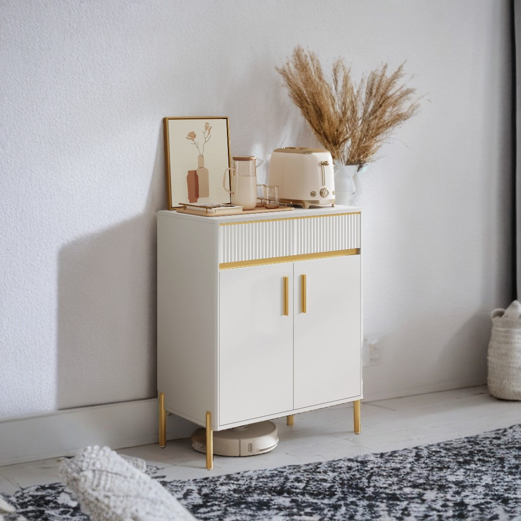 Modern Buffet Cabinet with Fluted Drawers - 2 Drawers & Adjustable Shelf, Storage Sideboard with Cable Management, Cloud White