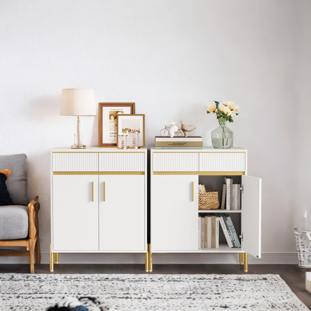 Modern Buffet Cabinet with Fluted Drawers - 2 Drawers & Adjustable Shelf, Storage Sideboard with Cable Management, Cloud White