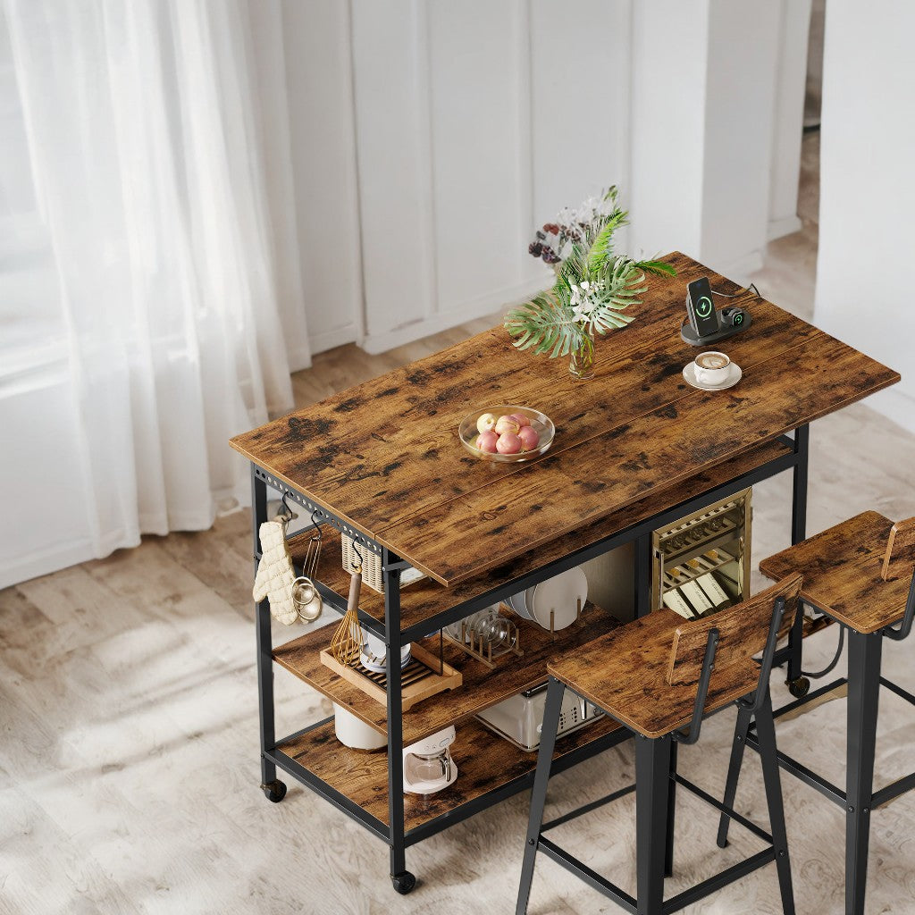 Kitchen Island Cart with Drop Leaf & Power Strip - 47.2" Extendable Worktop, Adjustable Shelf, Locking Wheels, Rustic Brown and Black