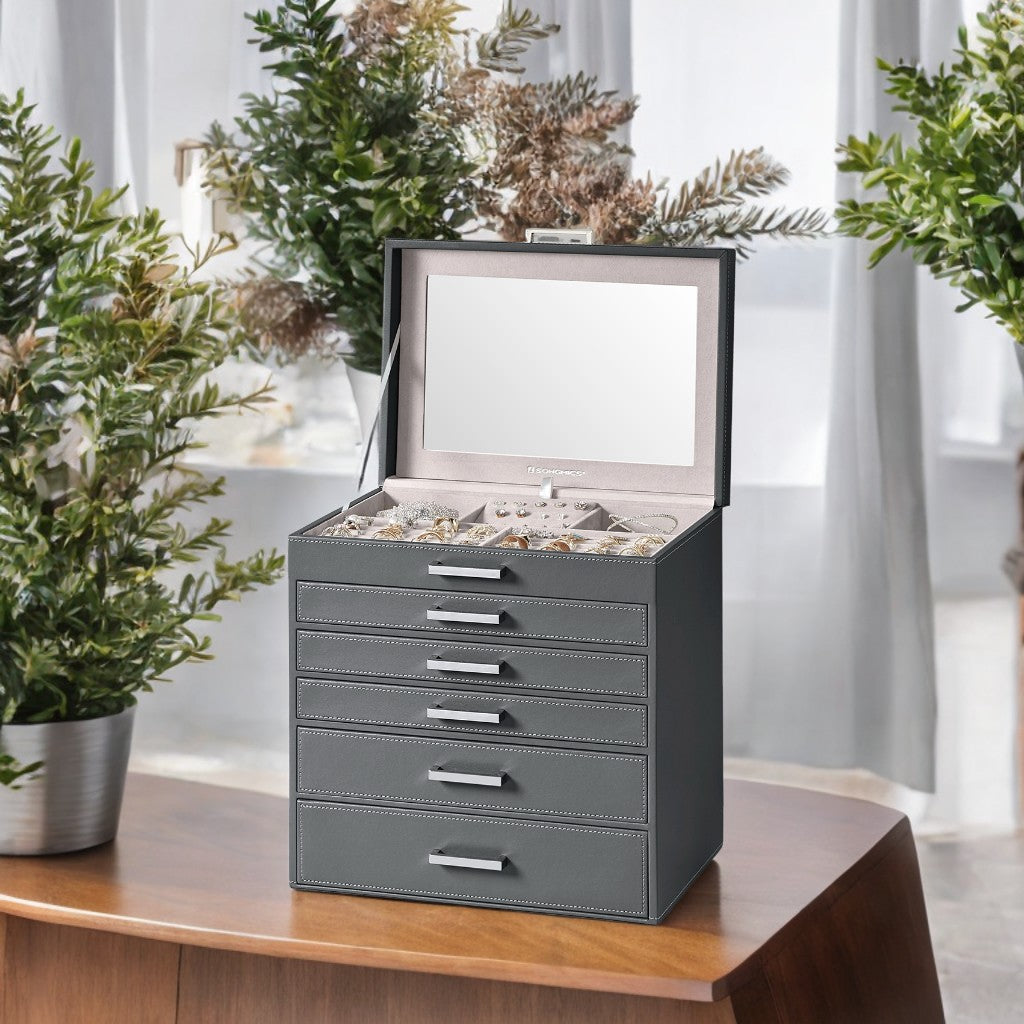 6-Tier Jewelry Organizer with Full-Size Mirror, 5 Velvet-Lined Drawers, Large Capacity Storage Case, Luxury Gift Box for Women, Gray