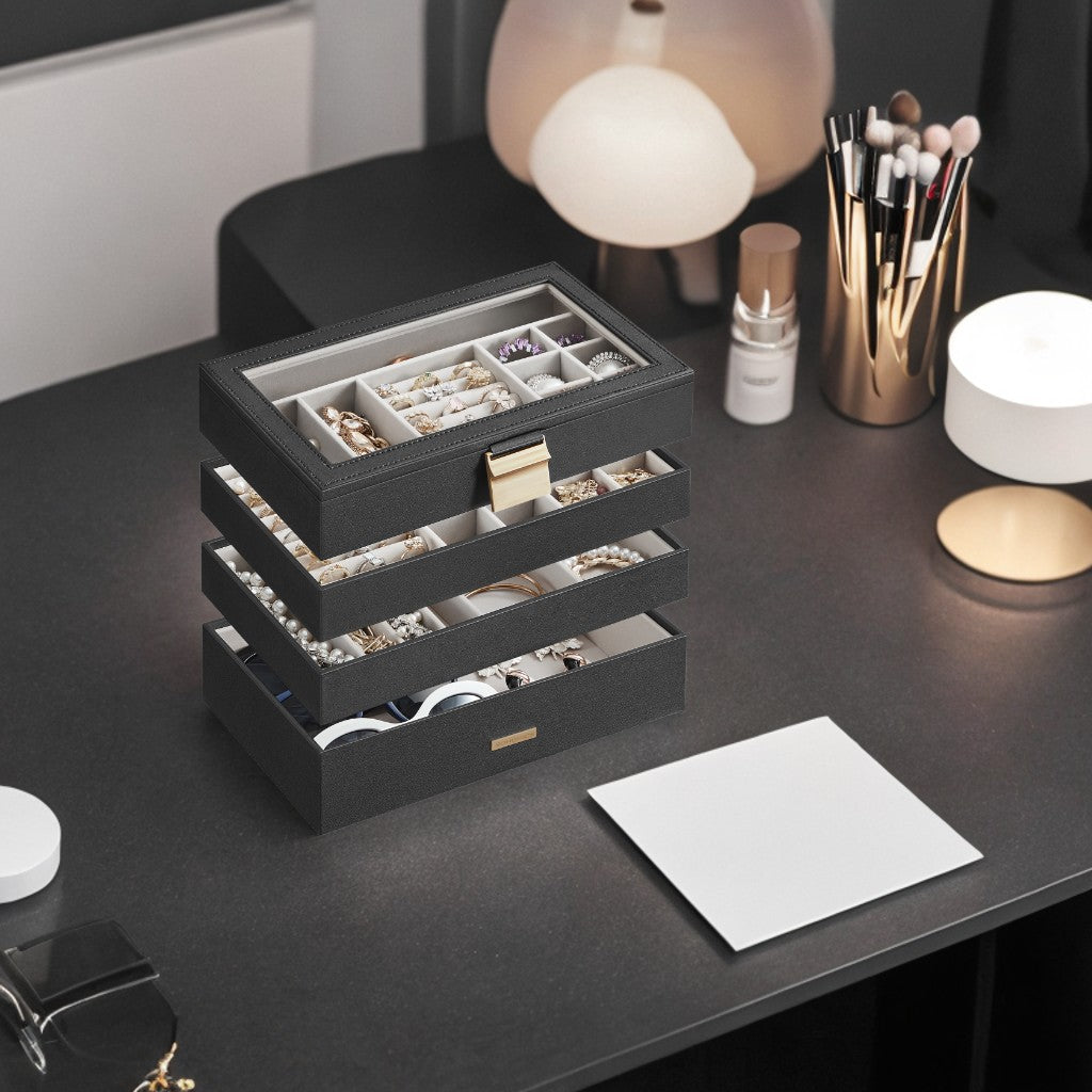 4-Tier Stackable Jewelry Organizer with Glass Lid, Adjustable Dividers, Modular Drawers for Vanity/Dresser, Gift Ready, Ink Black