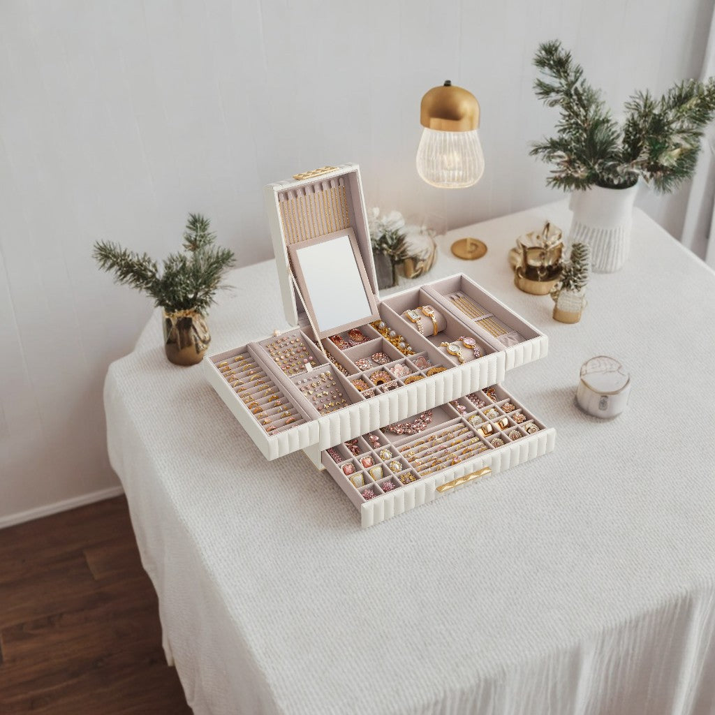 Large Jewelry Organizer with Mirror & Drawer, PU Leather Storage Box with Removable Trays, Necklace/Ring Display, Cloud White
