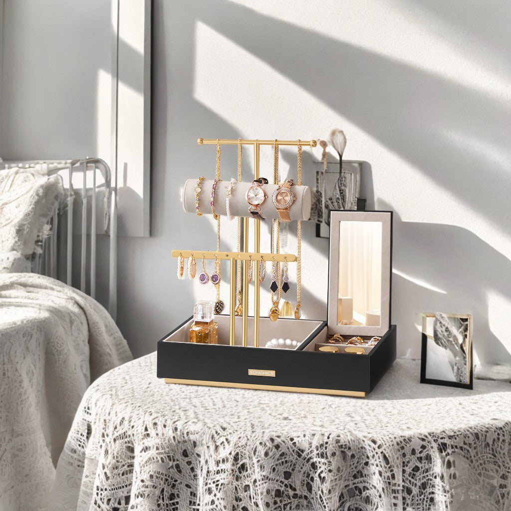 3-Tier Jewelry Display Stand with Mirror, Velvet-Lined Metal Organizer for Earrings, Necklaces, Rings, Black and Gold