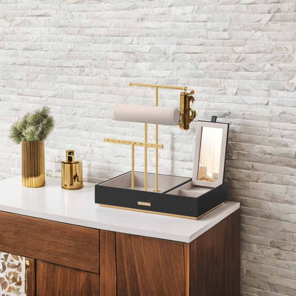 3-Tier Jewelry Display Stand with Mirror, Velvet-Lined Metal Organizer for Earrings, Necklaces, Rings, Black and Gold