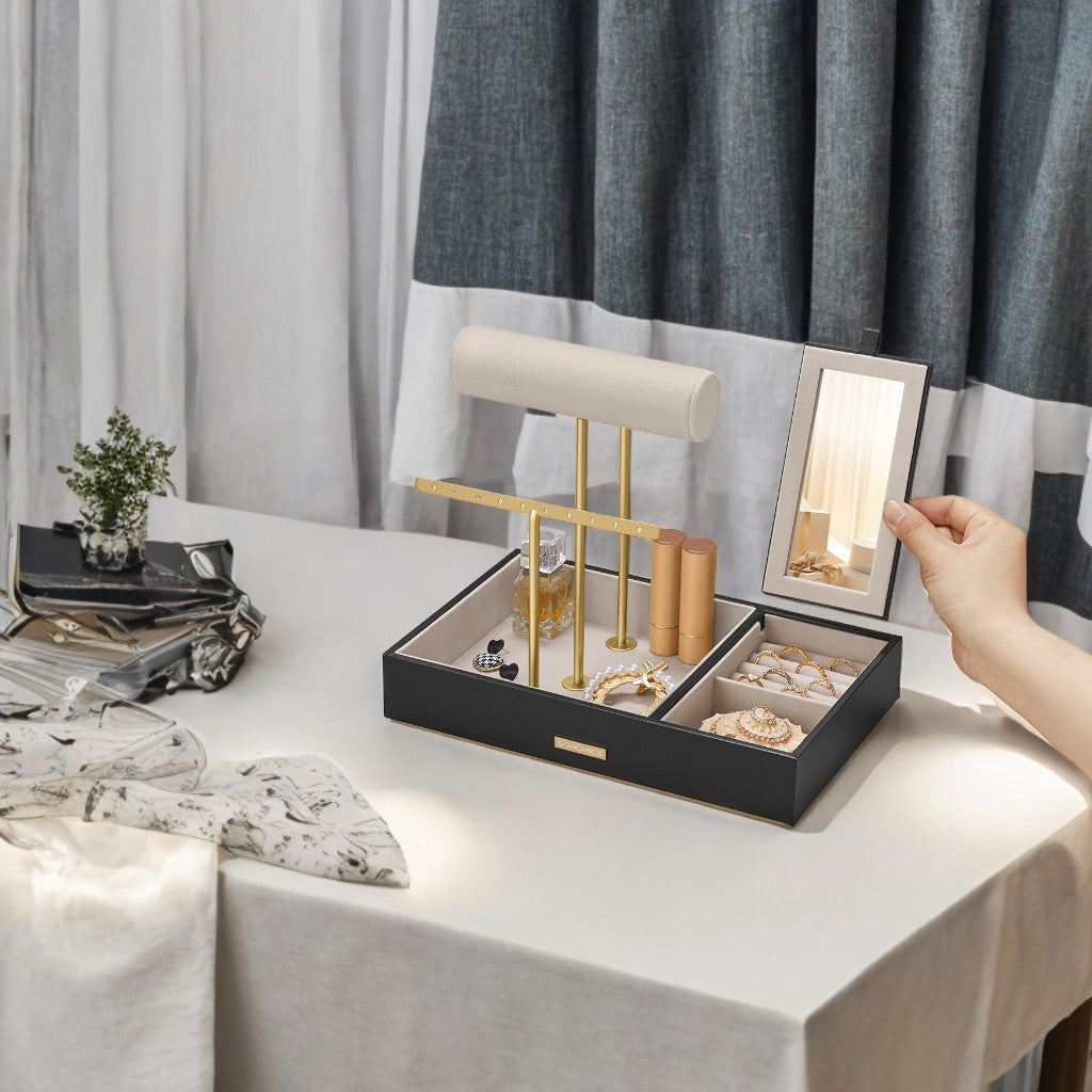 3-Tier Jewelry Display Stand with Mirror, Velvet-Lined Metal Organizer for Earrings, Necklaces, Rings, Black and Gold