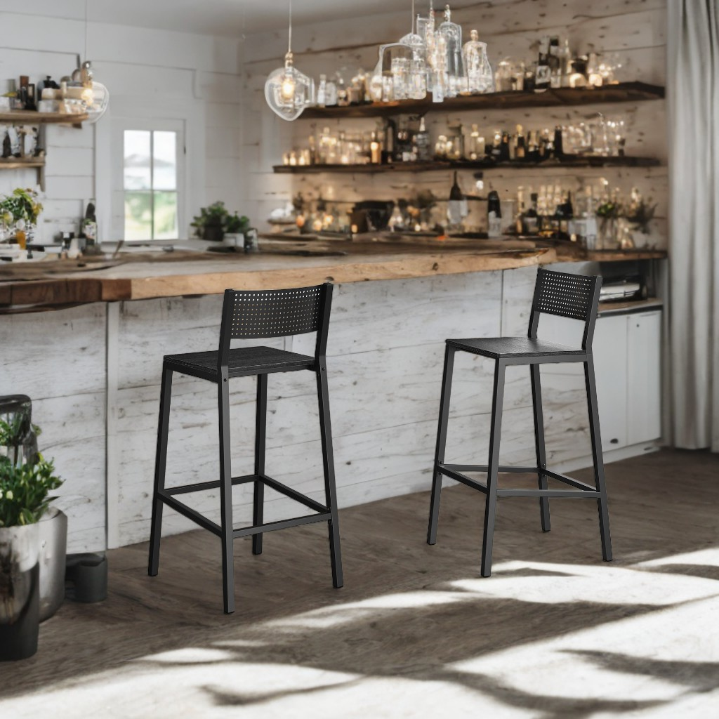 Set of 2 Industrial Bar Stools with Backrest, 286lb Capacity Kitchen Counter Chairs, Easy Assembly, Charcoal Gray and Black