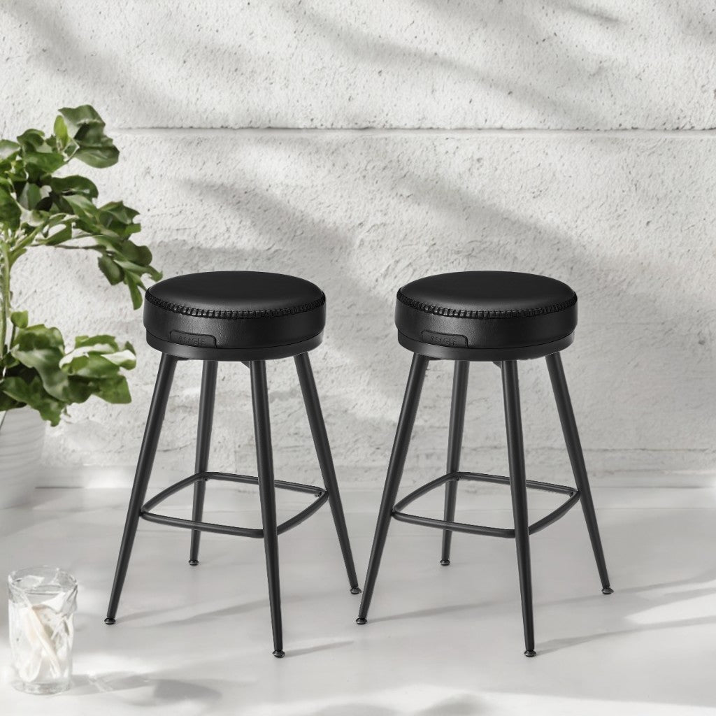 Set of 2 Swivel Bar Stools, 25.6" Counter Height, Synthetic Leather with 360° Rotation, Mid-Century Modern Design, Ink Black