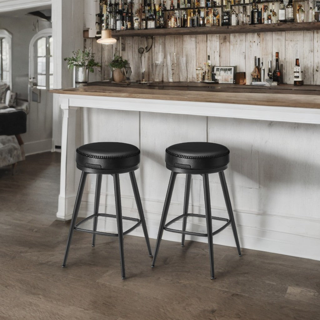Set of 2 Swivel Bar Stools, 25.6" Counter Height, Synthetic Leather with 360° Rotation, Mid-Century Modern Design, Ink Black