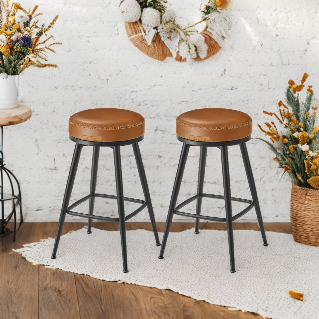 Set of 2 Swivel Bar Stools, 25.6" Counter Height, Synthetic Leather with 360° Rotation, Mid-Century Modern, Caramel Brown