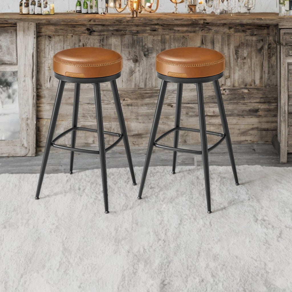 Set of 2 Swivel Bar Stools, 30" Bar Height, Synthetic Leather with 360° Rotation, Mid-Century Modern Design, Caramel Brown