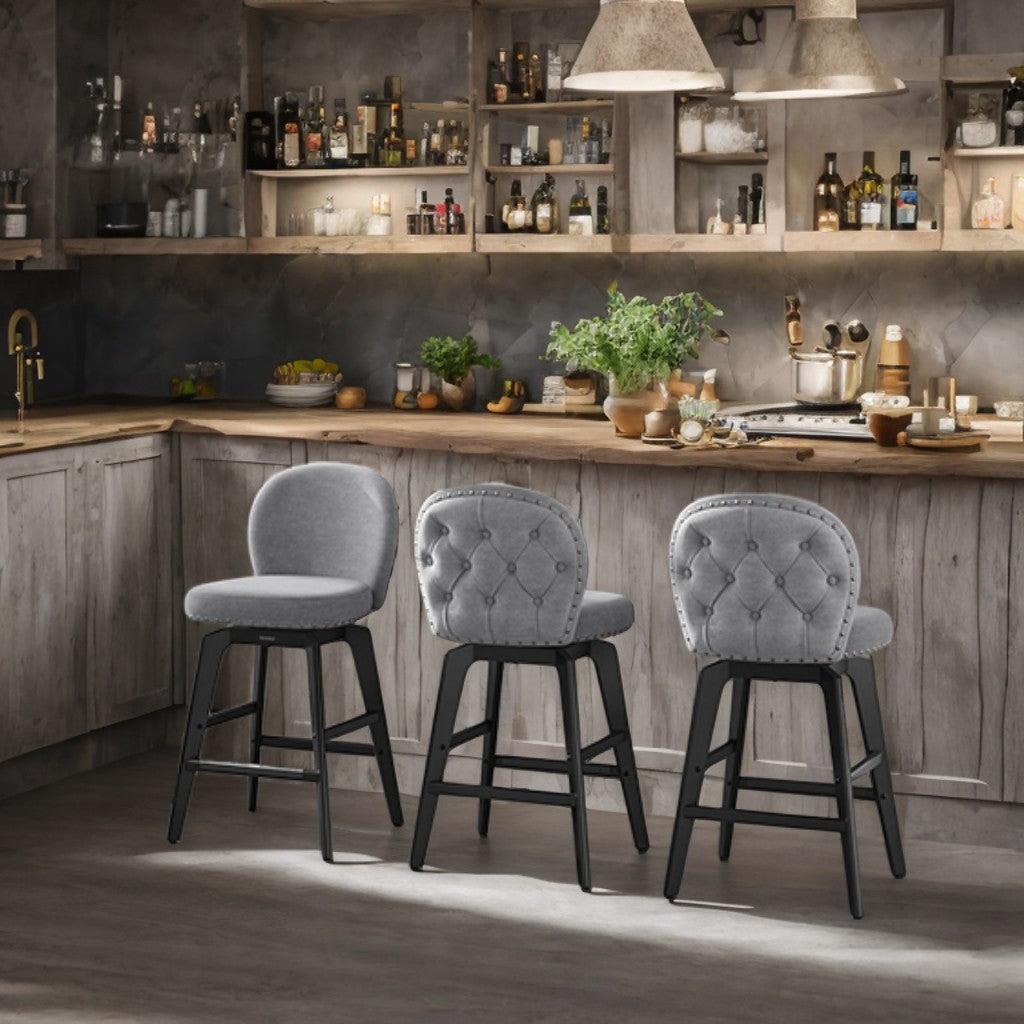 Set of 2 Swivel Bar Stools with Backrest, 26.2" Counter Height, Chenille Fabric & Wood Legs, 360° Rotation, Slate Gray