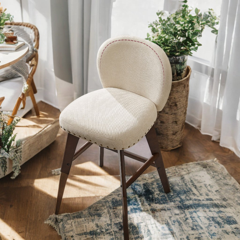 Set of 2 Swivel Bar Stools with Ergonomic Back, Chenille Fabric & Wood Legs, 26.2" Counter Height, 360° Rotation, Cappuccino Beige