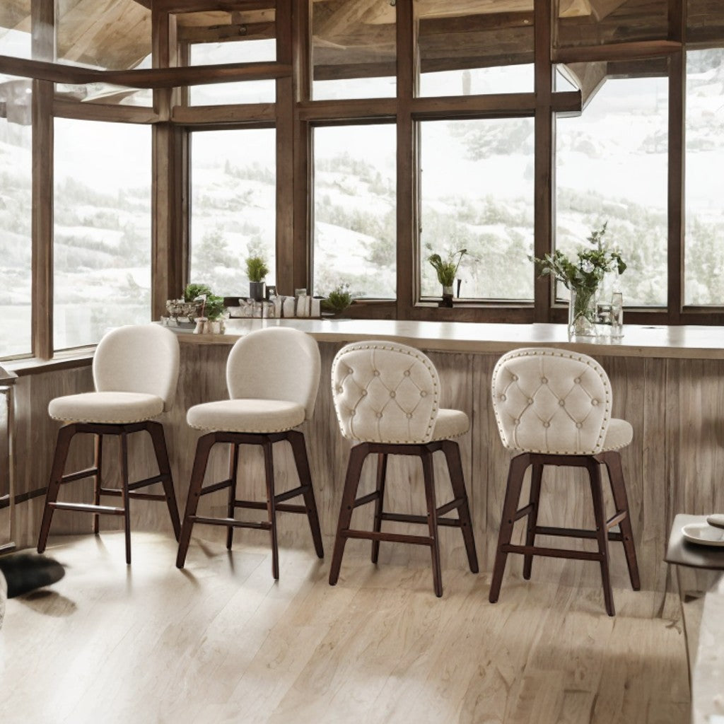 Set of 2 Swivel Bar Stools with Ergonomic Back, Chenille Fabric & Wood Legs, 26.2" Counter Height, 360° Rotation, Cappuccino Beige